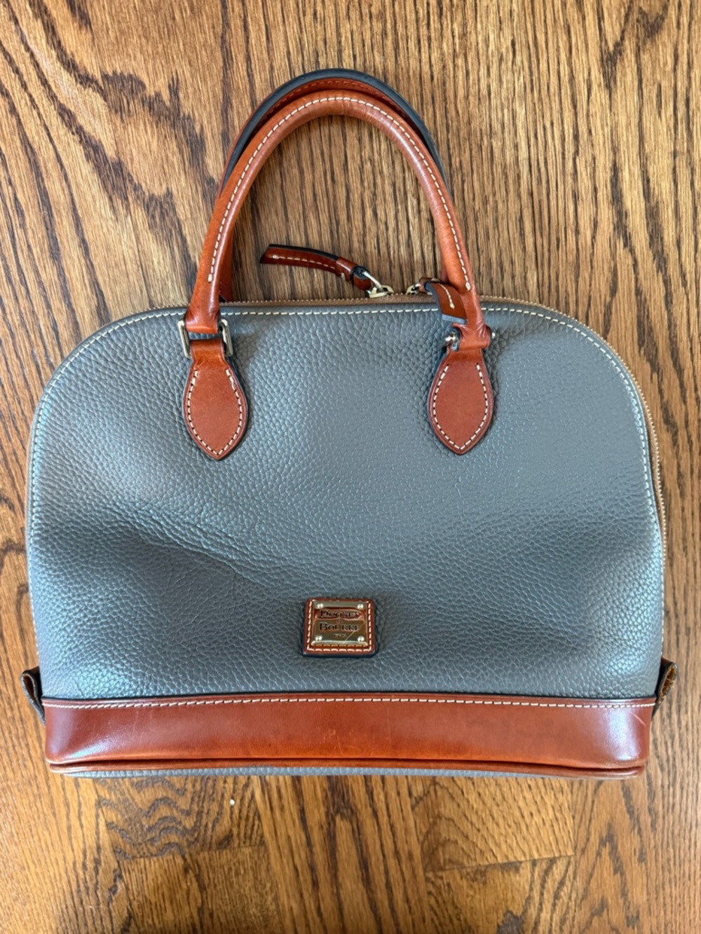 Dooney & Bourke Gray Pebbled Leather Satchel with Brown Trim